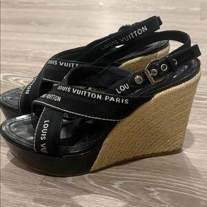 Louis Vuitton Black and Beige Wedge Sandals